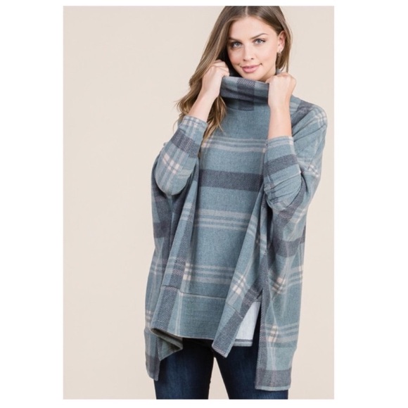 Fuzzy Poncho Top Plaid Dolman Sleeve Slouchy Fit With Cowl Neck and Side Split - Picture 4 of 10